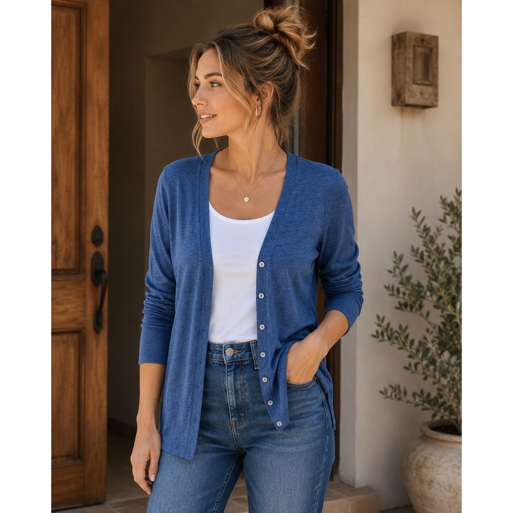 J Jill Love Linen Cardigan Size S Blue Lightweight Coastal travel workwear